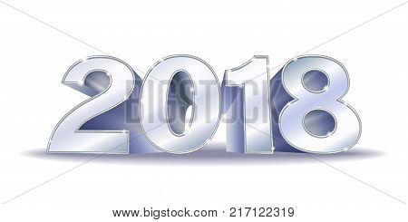 Happy New Year 2018. Silver 3D numbers on a white background. Design for your Seasonal Flyers and Greetings Card or Christmas themed invitations