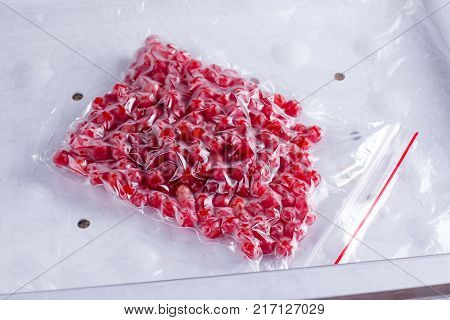 Frozen berries of viburnum in a sealed bag in the freezer