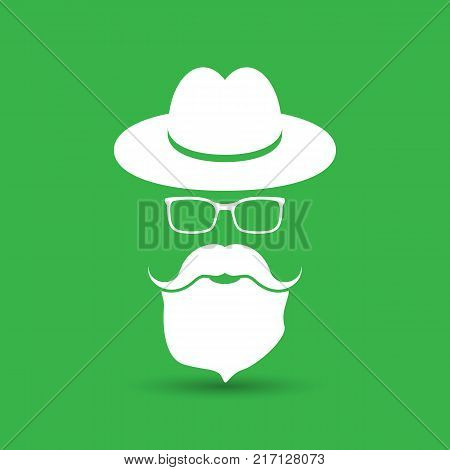 white hat with mustache, beard and glasses isolated on the green background