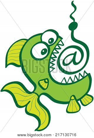 Voracious green fish with bulging eyes, sharp teeth and wide open mouth directly going to bite a bait in form of 