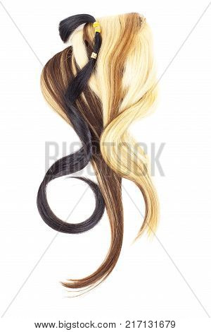 Real woman hair texture. Human hair weft, Dry hair with silky volumes. Real european human hair wallpaper texture. Brown blond dark blonde and black. Tail.