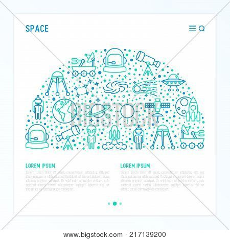 Space concept in half circle with thin line icons: rocket, Earth, lunar rover, space station, teelscope, alien, meteorite. Modern vector illustration for banner, print media, web page.