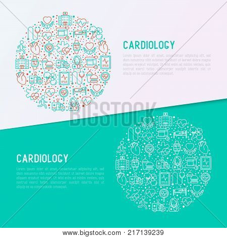Cardiology concept in circle with thin line icons set: cardiologist, stethoscope, hospital, pulsometer, cardiogram, heartbeat. Modern vector illustration for banner, web page, print media.