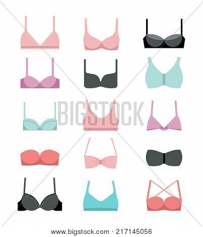 Collection of different types of bras fashion illustrations, icons