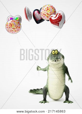 3D rendering of a cute friendly cartoon crocodile holding a bunch of balloons in his hand.