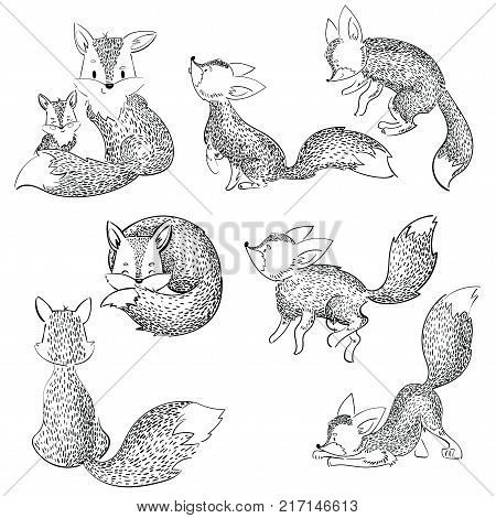 Set of cartoon foxes. Collection of cute foxes. Vector illustration for children. Black and white.