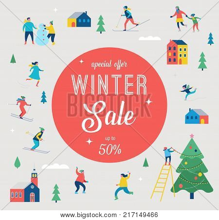 Winter sale banner, poster, promotion design with people, family make winter sport