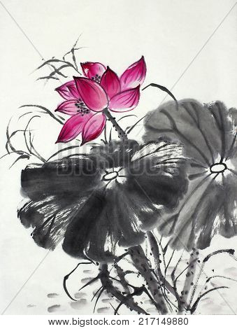 bright lotus flower painted in Chinese style