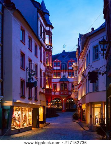 Old street  at dusk  in the historic center  of Bernkastel-Kues  (in   the background  Rathaus),  Rhineland-Palatinate, Germany.
