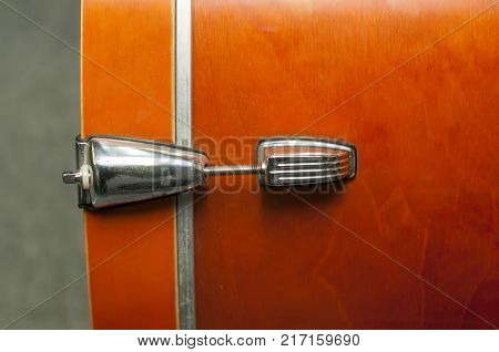 The bass drum orange, musical instrument closeup.