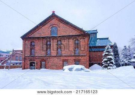 Snowing day at Sapporo Beer Museum in Sapporo Hokkaido Japan in winter