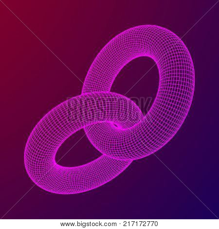 Wireframe polygonal element. 3D Torus chain with lines and dots abstract vector background