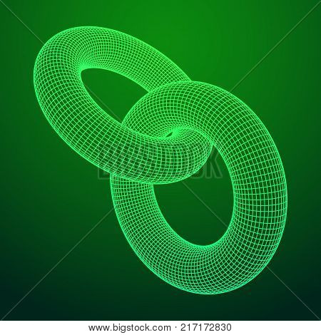 Wireframe polygonal element. 3D Torus chain with lines and dots abstract vector background
