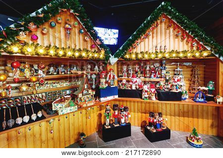 ROVANIEMI FINLAND - July 20 2017. Souvenir shop in Santa Claus village near Arctic circle. Many figures of Joulupukki and Nutcracker Christmas decorations and light bulbs.