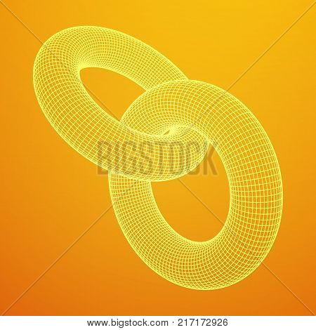 Wireframe polygonal element. 3D Torus chain with lines and dots abstract vector background