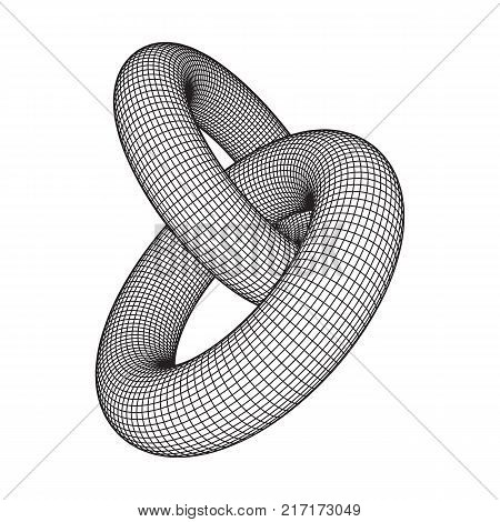 Wireframe polygonal element. 3D Torus chain with lines and dots abstract vector background