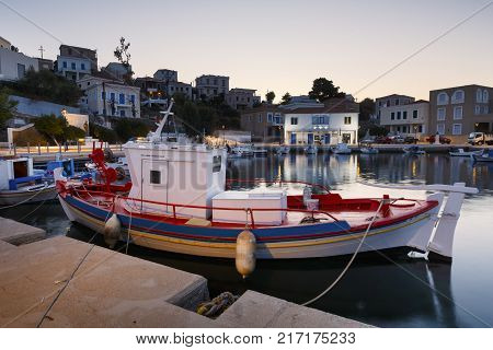 INOUSES, GREECE - NOVEMBER 10, 2017: Early morning view of the harbour on Inouses island in Greece on November 10, 2017.