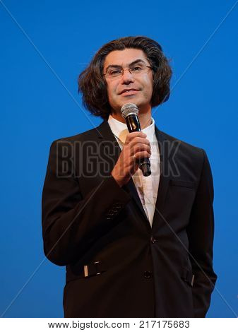 ST. PETERSBURG, RUSSIA - NOVEMBER 16, 2017: Rector of Vaganova ballet academy Nikolay Tsiskaridze greeting the choreographer Oleg Vinogradov during anniversary gala concert