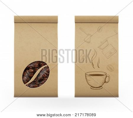 Coffee beans in the package. Background for food and drinks. Template for brand name. Stock vector illustration.
