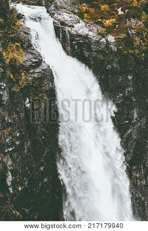 Waterfall Vettisfossen is the highest free fall in Norway Landscape at rocky mountains Travel serene scenic view wild nature aerial view