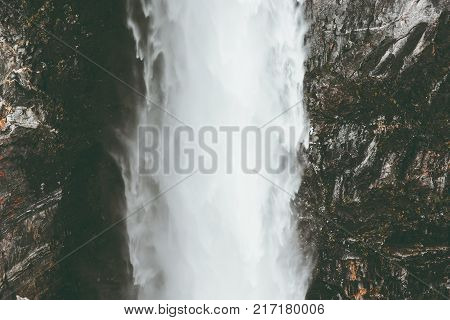 Waterfall Vettisfossen is the highest free fall in Norway Landscape at rocky mountains Travel serene scenic view wild nature