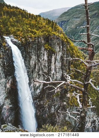 Waterfall Vettisfossen is the highest free fall in Norway Landscape at rocky mountains Travel serene scenic aerial view wild nature