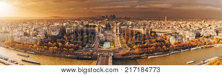 Aerial Panorama Of Paris City In Late Autumn From Maine-montparnasse Tower At Sunset.