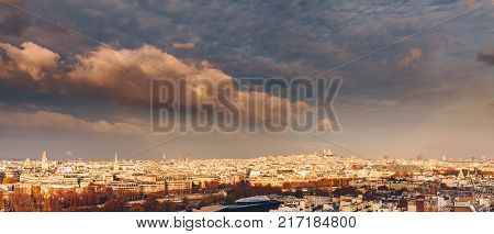 Aerial Panorama Of Paris City In Late Autumn From Maine-montparnasse Tower At Sunset.