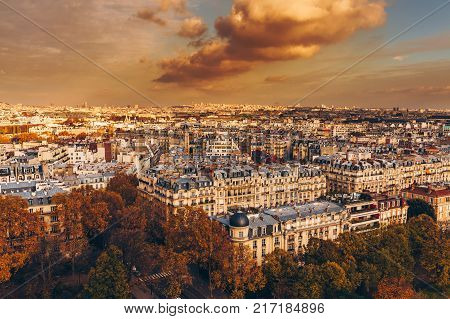 Aerial Panorama Of Paris City In Late Autumn From Maine-montparnasse Tower At Sunset.