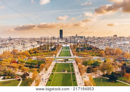 Aerial Panorama Of Paris City In Late Autumn From Maine-montparnasse Tower At Sunset.