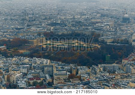 Aerial Panorama Of Paris City In Late Autumn From Maine-montparnasse Tower At Sunset.