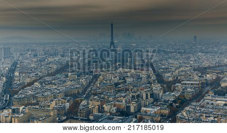 Aerial Panorama Of Paris City In Late Autumn From Maine-montparnasse Tower At Sunset.