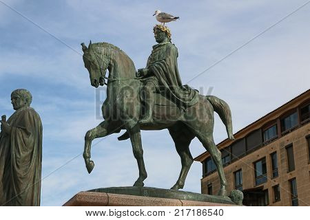 Statue of Napoleon Bonaparte on a horse in Diamant Square, Ajaccio, Corsica, France.