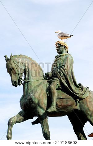 Statue of Napoleon Bonaparte on a horse in Diamant Square, Ajaccio, Corsica, France.