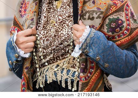 CAGLIARI, ITALY - MAY 1, 2014: 358 Procession Religiosa di Sant'Efisio, detail of a traditional Sardinian costume - Sardinia