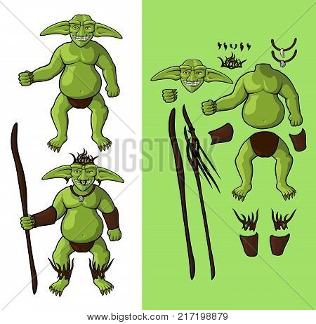 Set of goblins v1. Goblin Shaman: Vector cartoon goblin shaman body parts and his equipment