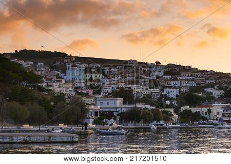 INOUSES, GREECE - NOVEMBER 10, 2017: Early morning view of the harbour on Inouses island in Greece on November 10, 2017.
