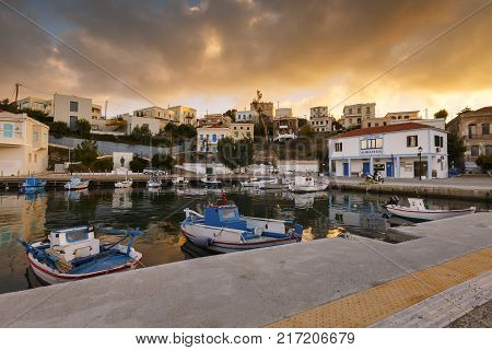 INOUSES, GREECE - NOVEMBER 10, 2017: Early morning view of the harbour on Inouses island in Greece on November 10, 2017.