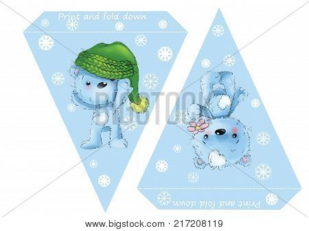 Printable template flags. Banner Baby Shower, Birthday, New Year or Christmas Party, with baby bears and snowflakes