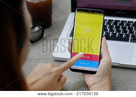 CHIANG MAITHAILAND - DEC 08 2017 :Samsung galaxy S8 Plus showing its screen with Snapchat application.
