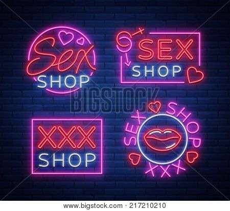 Collection logo Sex shop, night sign in neon style. Neon sign, a symbol for sex shop promotion. Adult Store. Bright banner, nightly advertising. Vector Illustration.