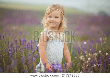 Cute Little Baby Blong Girl Walking Posing On Meadow Of Forest Wild Lavender Wearing Stylish White D
