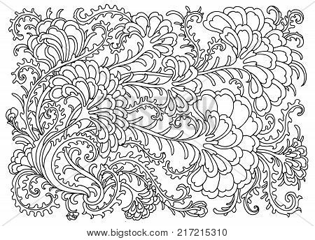 Background with flowers and plants. Black and white doodle vector illustration. Coloring book for adult and older children. Coloring page. Outline drawing.