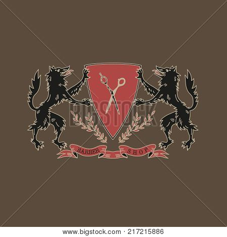 Logo for barbershop, hairdresser, beauty salon. Coat of arms with wolves and scissors. Vector illustration colorful