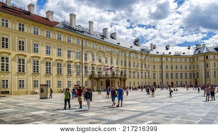 PRAGUE CZECH REPUBLIC - JULY 2: People in front opf Old Royal palace on July 2 2017 in Prague