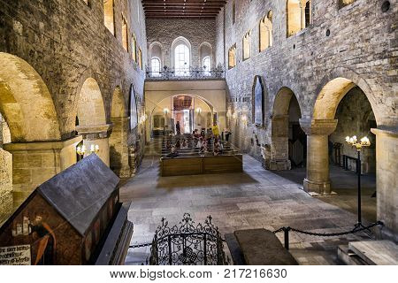PRAGUE CZECH REPUBLIC - JULY 2: People in fOld chapel in St. George baslica on July 2 2017 in Prague