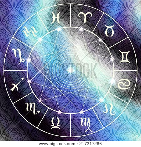 Magic circle with zodiacs sign on abstract grunge background.