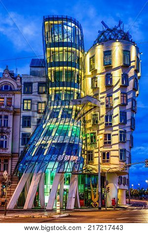 PRAGUE CZECH REPUBLIC - JULY 2: Danicing house at night on July 2 2017 in Prague