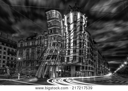 PRAGUE CZECH REPUBLIC - JULY 2: Danicing house at night on July 2 2017 in Prague