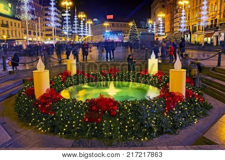 Mandusevac fountain on Ban Jelacic square decorated with advent wreath as part of 